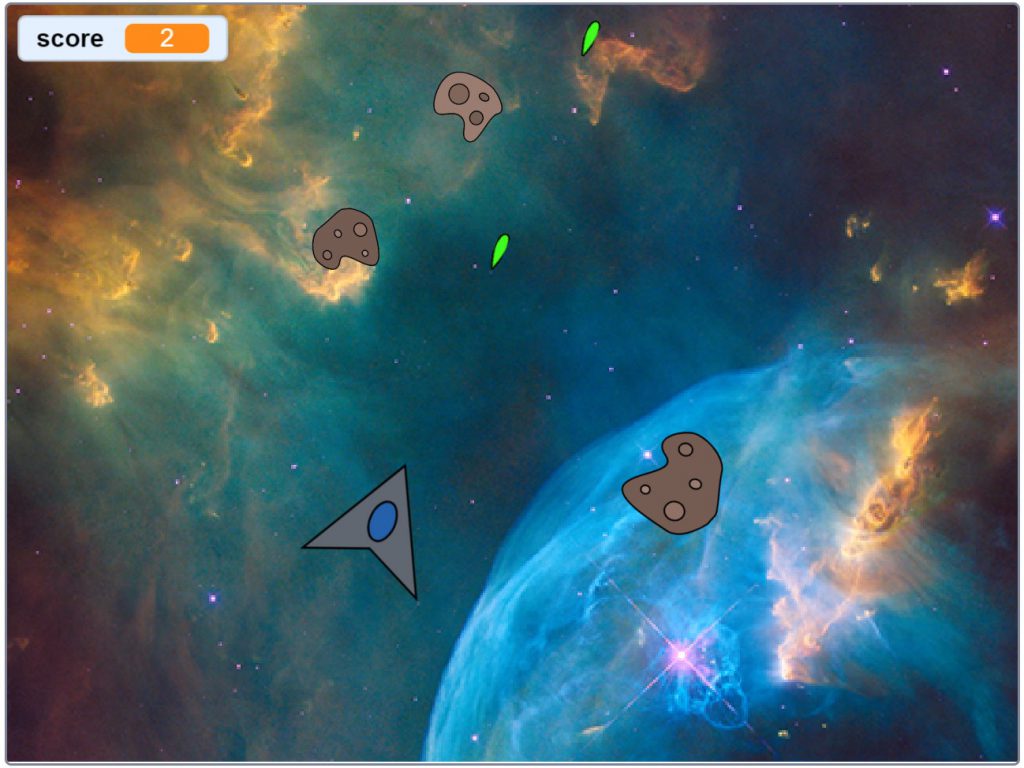 Een screenshot van het uiteindelijke asteroïde computerspel.