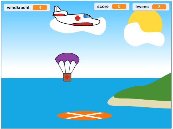 Een screenshot van hoe het spel eruit komt te zien. Een vliegtuig van het rode kruis vliegt over een zee, naast een eiland. Een krat valt eruit, aan een parachute.