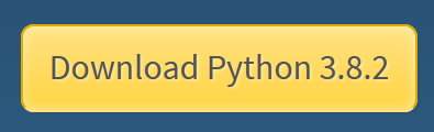 Een gele knop met 'Download Python 3.8.2' erop, boven een donkerblauwe achtergrond